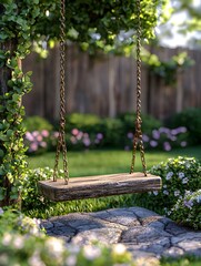 The swing hanging statically in the yard