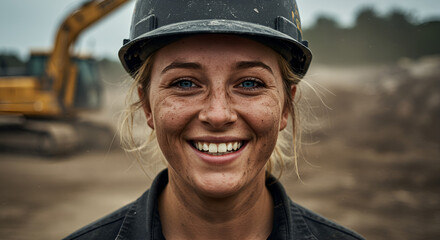 A smiling female construction worker in a hard hat. With the background of heavy machinery