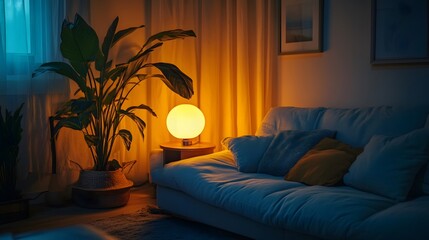 Soft lighting in the corner of the living room at night
