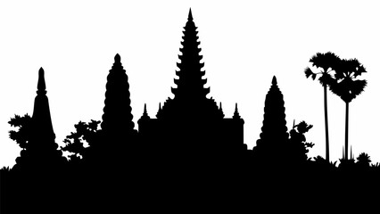 Silhouette of angkor wat temple complex with trees and vegetation in cambodia landscape view