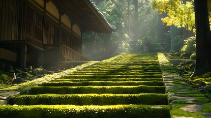 The green moss and sunshine on the steps of the wooden house