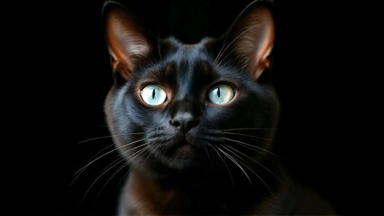 Elegant Dark Brown Cat with Captivating Blue Eyes Posing on Black Background, Pet Portrait, Feline Charm and Mysterious Elegance