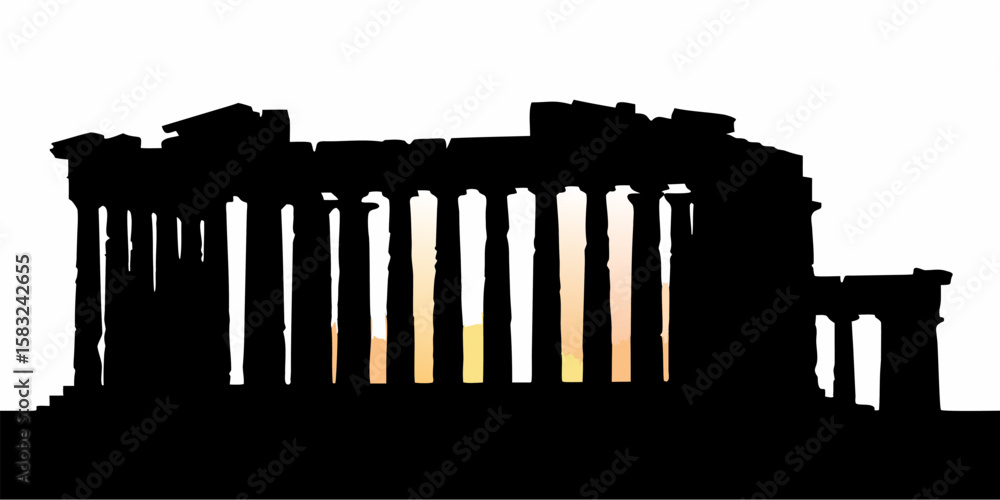 Poster silhouette of the parthenon with visible columns and architectural details against a light backgroun