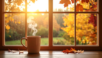 A cozy window view of a rainy autumn landscape, featuring a steaming mug on the sill and vibrant fall foliage outside.