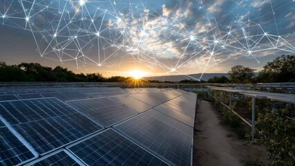 Solar panel field with a large sun in the sky. panoramic solar farm at dawn with transparent stock graph overlay soaring skyward, sustainable energy stocks - Powered by Adobe