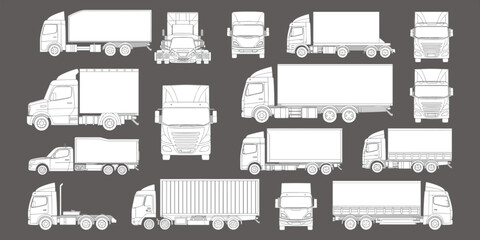 Truck vector illustrations, cargo transport graphics, delivery vehicle sketches, logistics truck drawings, freight vehicle collection, commercial truck design, transportation fleet vector, 