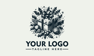 Detailed drawing of a gift box with a bow, surrounded by holly leaves, berries, pinecones, and a Christmas ornament.