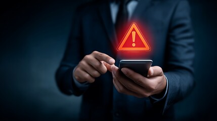Businessman receives urgent warning notification on smartphone