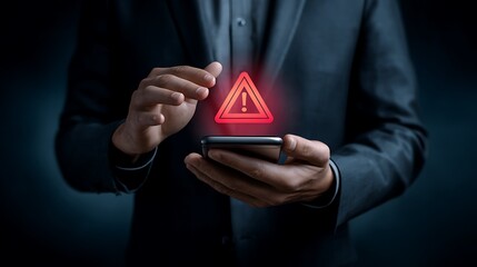 Man holding smartphone displays glowing red warning triangle alert