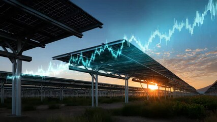 Solar panel farm with a graph of stock prices. The sun is setting in the background. panoramic solar farm at dawn with transparent stock graph overlay soaring skyward, sustainable energy stocks - Powered by Adobe