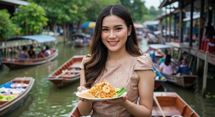 Woman holds Pad Thai in Asian market