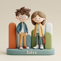 Two cartoon characters standing next to each other with the word "sales" written below them. The image has a playful and lighthearted mood, with the characters looking happy and friendly