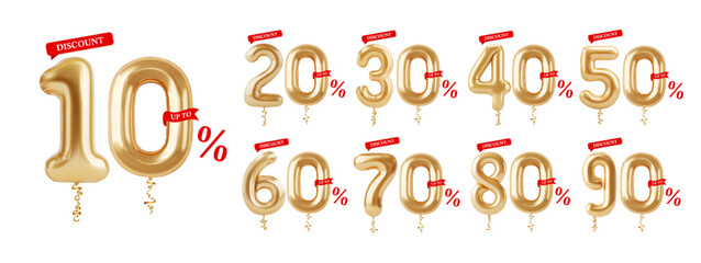 Vector set of golden balloon sale numbers isolated on white background. Concept of Black Friday, discount and special offer.
