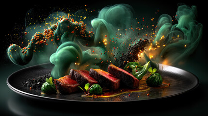 Ultra-realistic gourmet dish with dramatic presentation