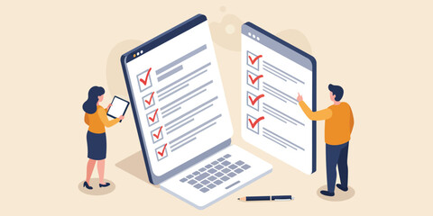 Collaborative task management with digital checklists and team planning in isometric style