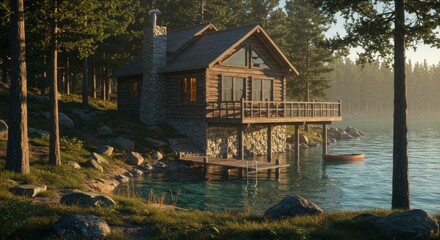 Fototapeta premium Rustic Wooden Cabin on a Tranquil Lake at Sunset