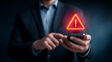Man holding smartphone with glowing red warning triangle alert notification