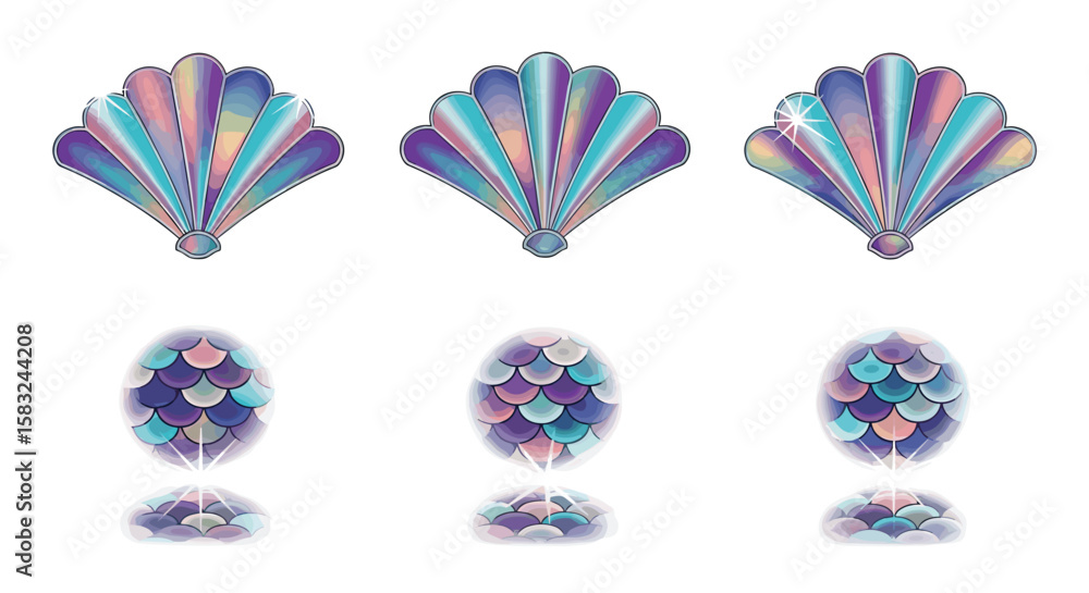 Poster illustration featuring three iridescent seashells above three scale patterned oval shapes below them