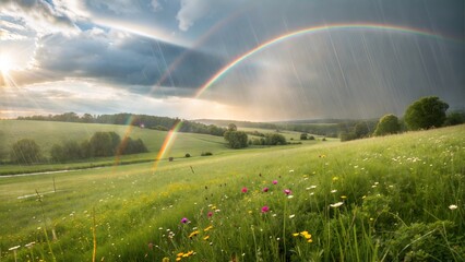 Stormy landscape with rain, vibrant wildflowers, and a stunning rainbow in the sky
