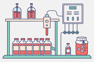 Illustration of lab equipment with bottles and jars filled with red liquid on shelves and a control panel
