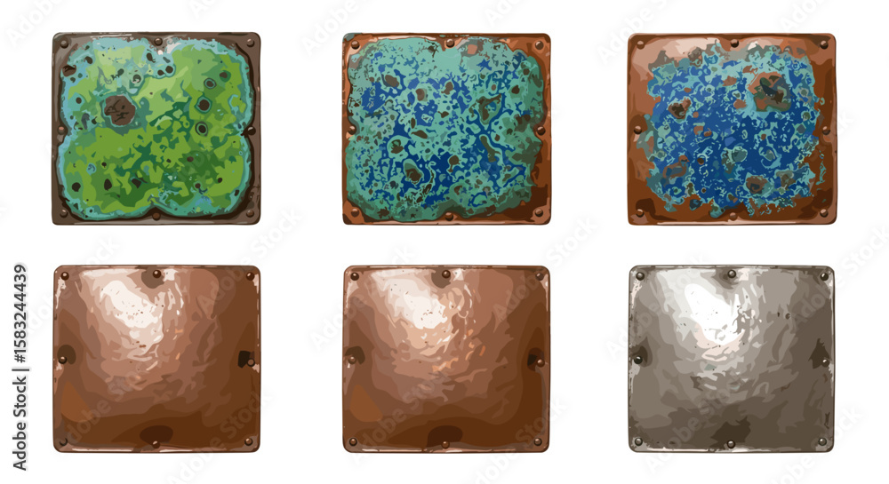 Poster collection of six metal plates with varying textures and colors arranged in two rows on white backgr