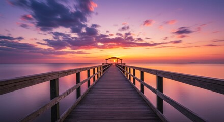 Obraz premium Vibrant Sunset Over Calm Ocean With Wooden Pier