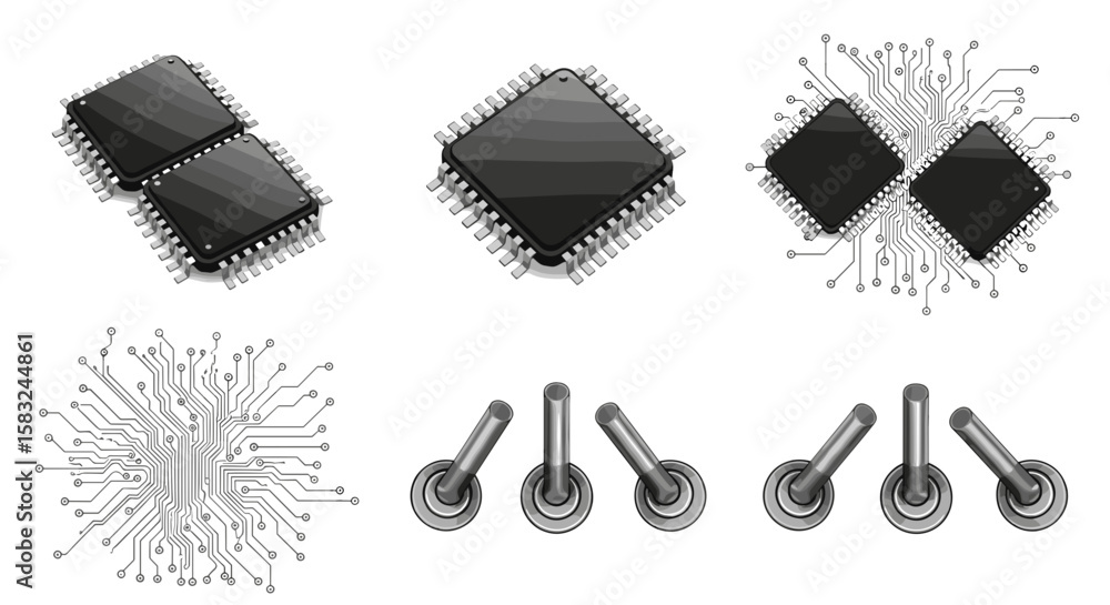 Aufkleber illustration showing computer chips and circuit board designs with toggle switches in gray scale