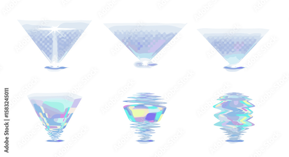 Poster six abstract holographic shapes arranged in two rows against a white background artwork render