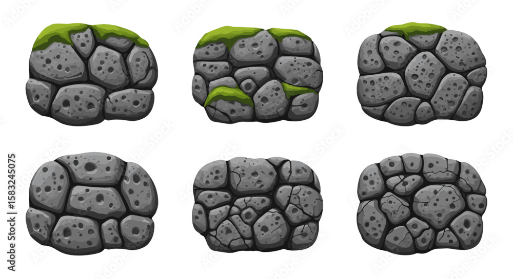 Poster collection of cartoonish stone blocks with varying textures and some covered in green moss patches o