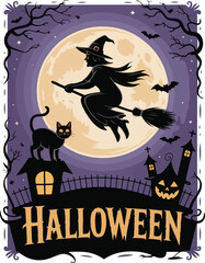 A whimsical illustration featuring a witch flying on a broom in front of a full moon, with Halloween elements. A black cat, a haunted house, and bats are also present