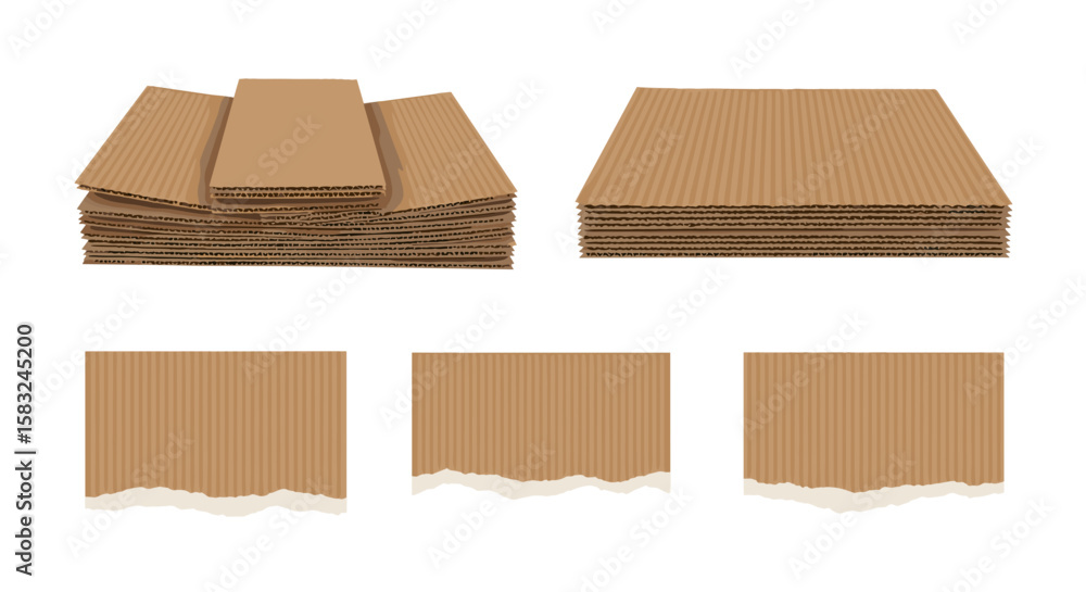 Poster stacks of corrugated cardboard sheets and torn pieces displayed on a white background surface view