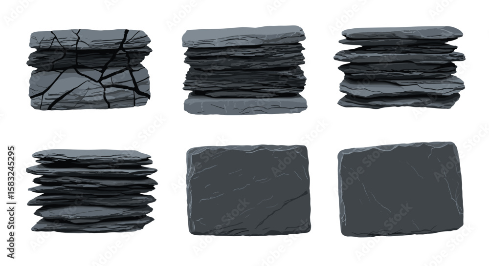Poster a visual assortment of stacked slate stone slabs and individual pieces on a white background display