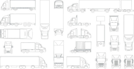 Truck vector illustration, commercial vehicle blueprint, side top front view, cargo transport design, heavy truck drawing, logistics vehicle plan, delivery truck diagram, truck layout © Rifat Creations