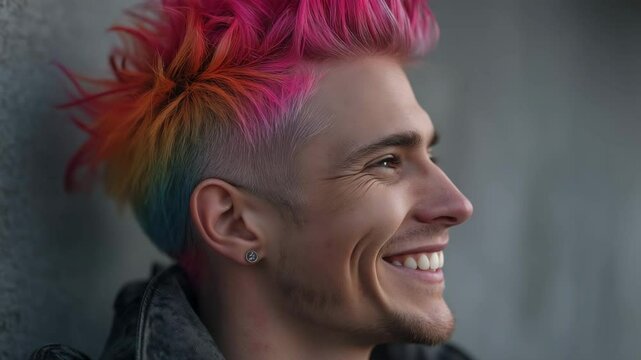An illustration of a young man with a rainbow-coloured mohawk and bright pink hair