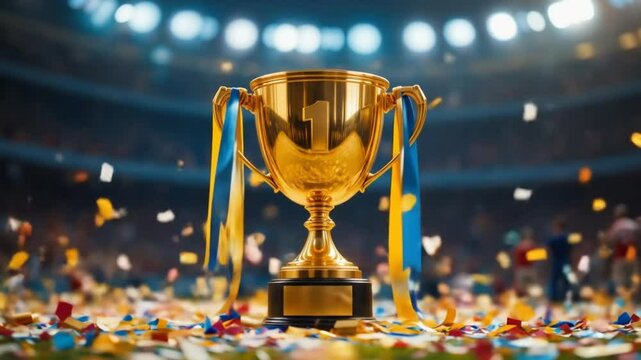 Gold winner trophy with falling confetti ribbons. First place trophy prize, champion award, best success achievement in sports competition. 4k video