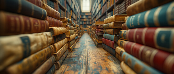 Vintage Library Aisle with Stacked Antique Books