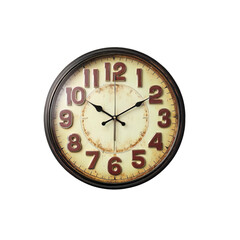 A vintage wall clock with a distressed dial displays the time against a transparent background, perfect for adding retro charm to any home decor with its clear numerals and classic design.