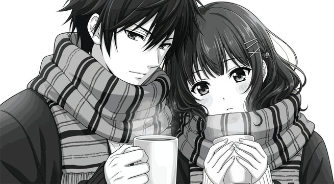 Anime couple enjoys hot drinks together in black and white style