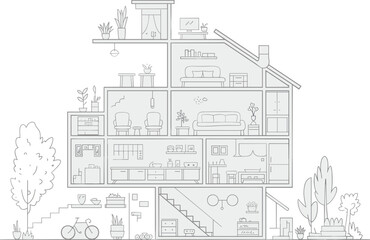 Modern house interior, cross section illustration, architectural blueprint, home layout vector, detailed floor plan, room design sketch, cozy apartment structure, indoor drawing