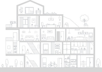 Modern house cross section, interior layout, architectural drawing, floor plan vector, detailed blueprint, home design illustration, apartment rooms, building structure, indoor layout