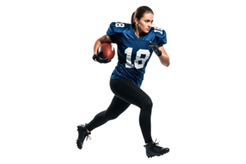Female American football player in a blue uniform running with the ball