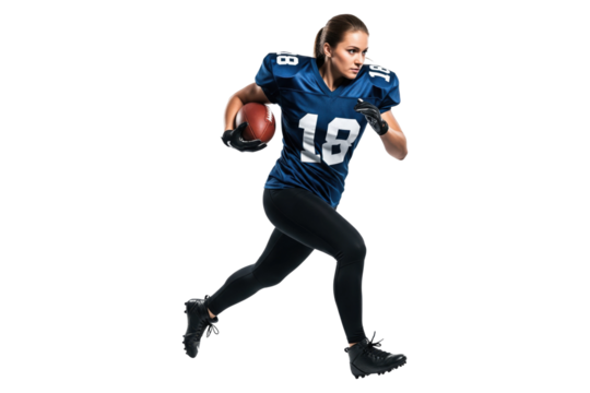 Female American football player in a blue uniform running with the ball - Powered by Adobe