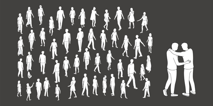 People walking silhouettes, crowd top view elements, white outline figures, vector human design, urban planning illustration, street figure collection, pedestrian set, isometric character bundle