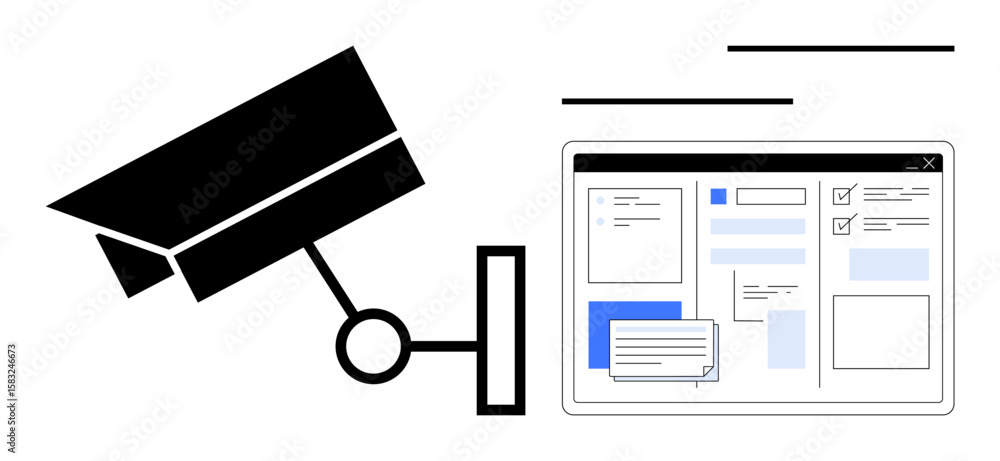 Poster security camera monitoring alongside a data dashboard displaying organized information and options f