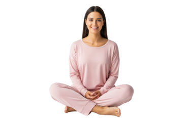 Smiling young woman in pink pajamas sitting cross-legged and relaxed