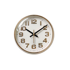 A stylish round wall clock with a white face and elegant gold numbers stands against a stark transparent background, conveying time and precision in a clean and modern aesthetic.