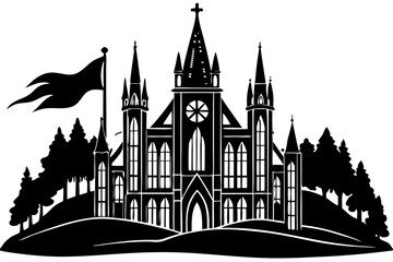 Fototapeta premium A black and white silhouette illustration of a large Gothic style building with a central clock tower, multiple spires, and a flag on top