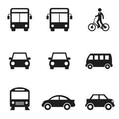 Transportation Icons Buses, Cars, and Cyclist Silhouette in Black
