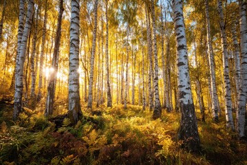 Birch Trees Forest in Autumn Golden Sun Rays Through Autumnal Leaves