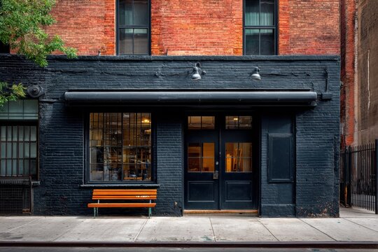 Exterior view of a black brick building with a closed storefront and orange bench. Use this image for urban scenes, shop fronts, or architectural backgrounds.